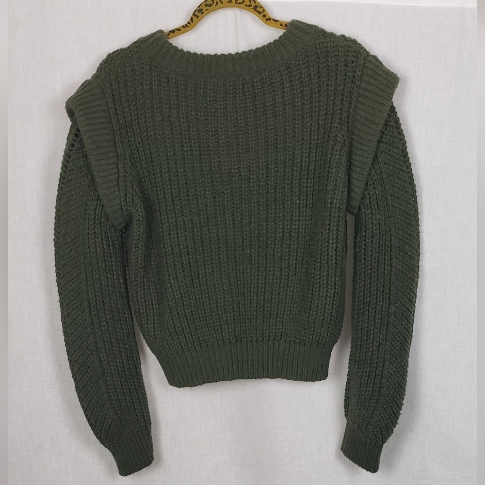 Vigoss Olive Green Chunky Open Knit Sweater L Cozy‎ Warm Crop Ruffle Winter - Picture 2 of 8